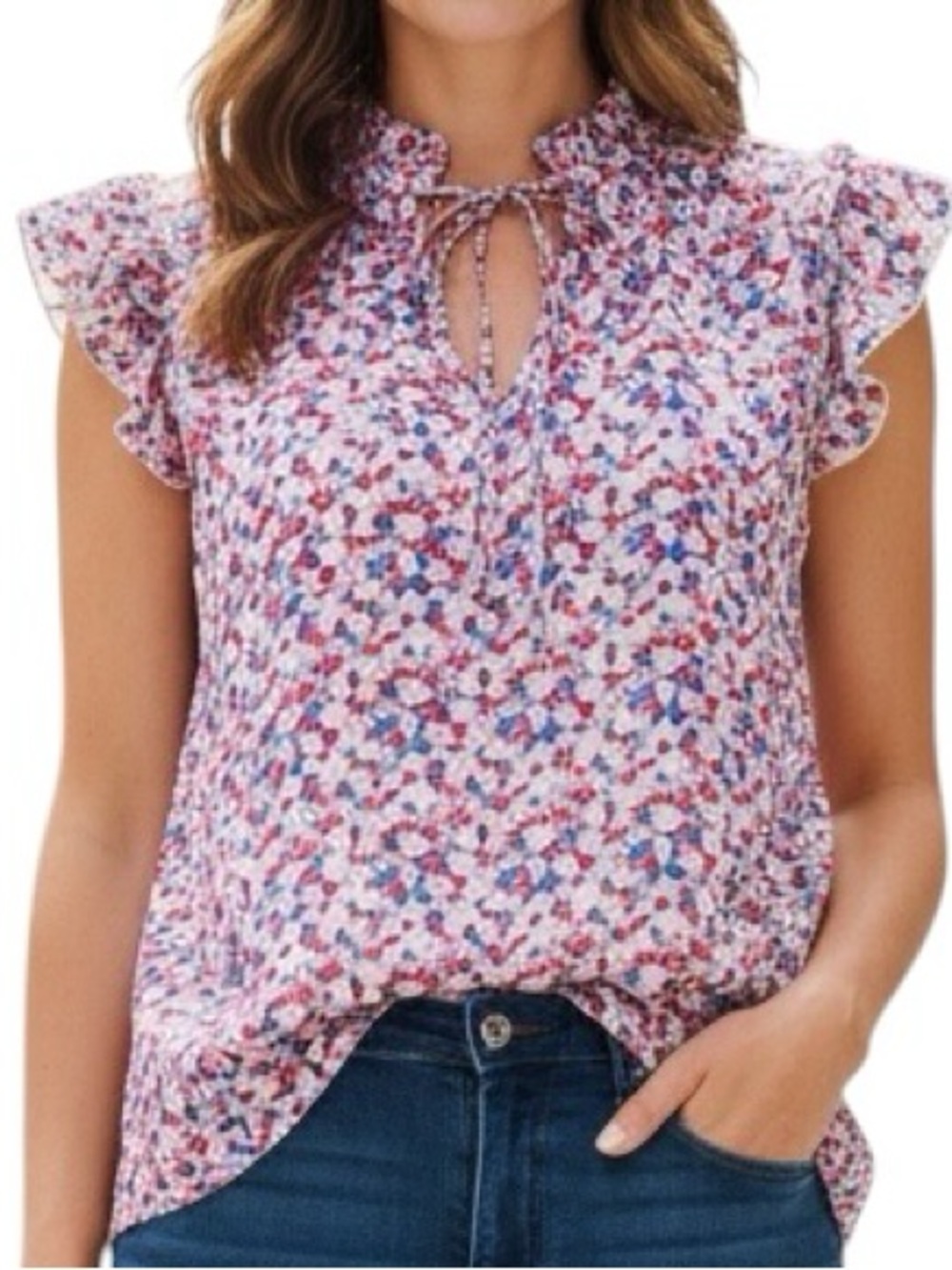 C by One Floral Tie-Neck Ruffle Sleeve Blouse in Pink